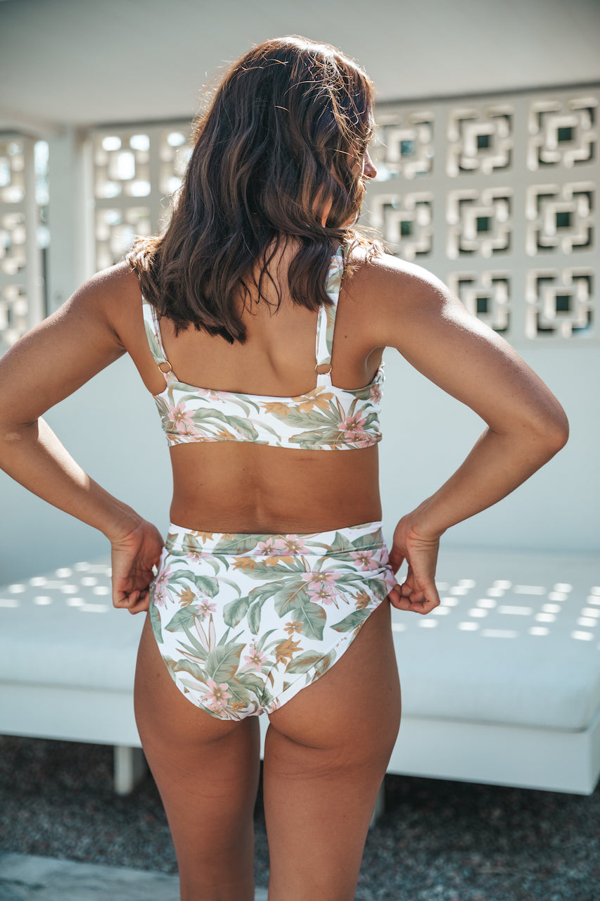 Palm Springs High Waisted Bottoms. Featuring our new Palm Springs print! These popular, high waisted, medium coverage bottoms are super comfortable, flattering and great for surfing!   Soft fabric made from recycled post consumer materials.  Looks great paired with Palm Springs printed tops and scrunchie, or the azalea tops.